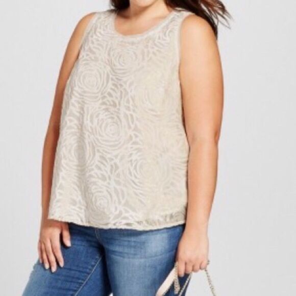 A New Day Cream Velvet Sleeveless Floral Top Blouse - Picture 1 of 7